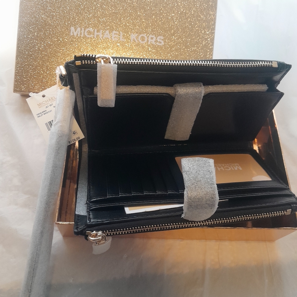 Michael Kors Double Wristlet Wallet Black Detachable  NWT Holds Your Phone - Picture 2 of 10